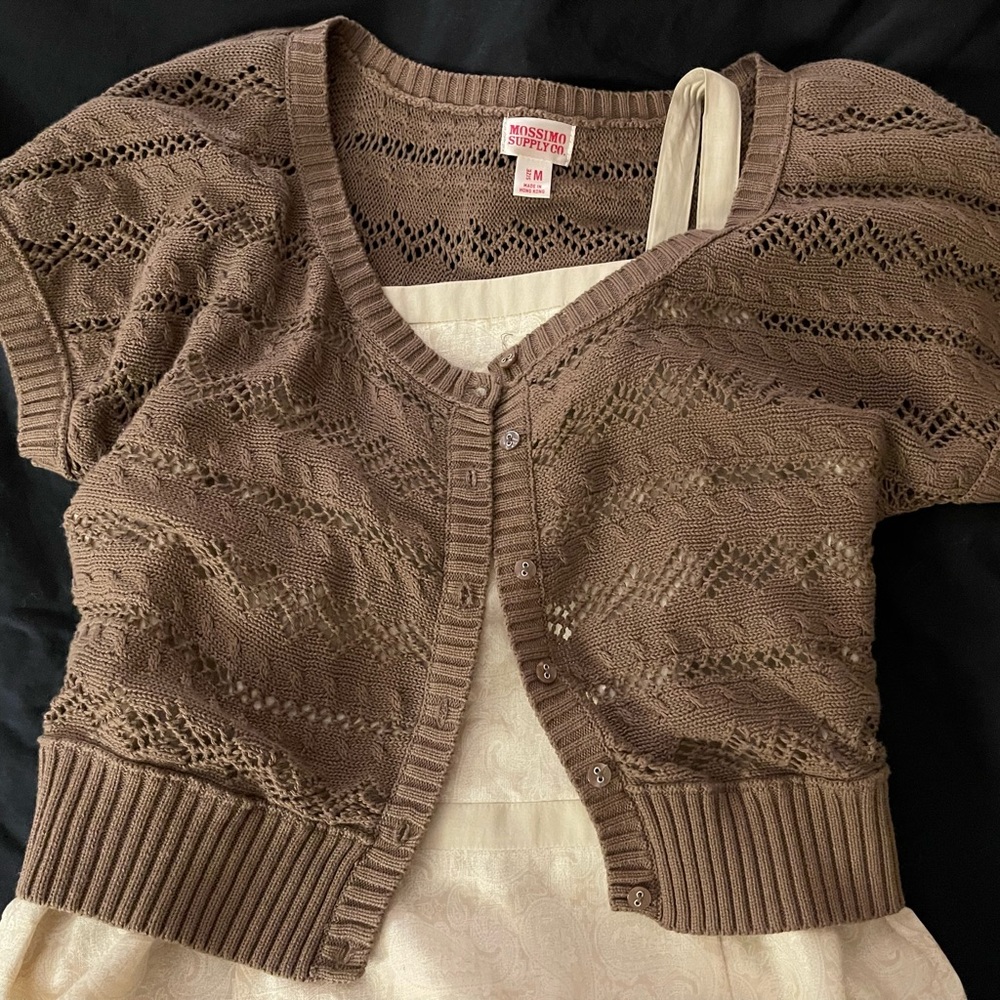 Linen strap dress with knit cropped overthrow